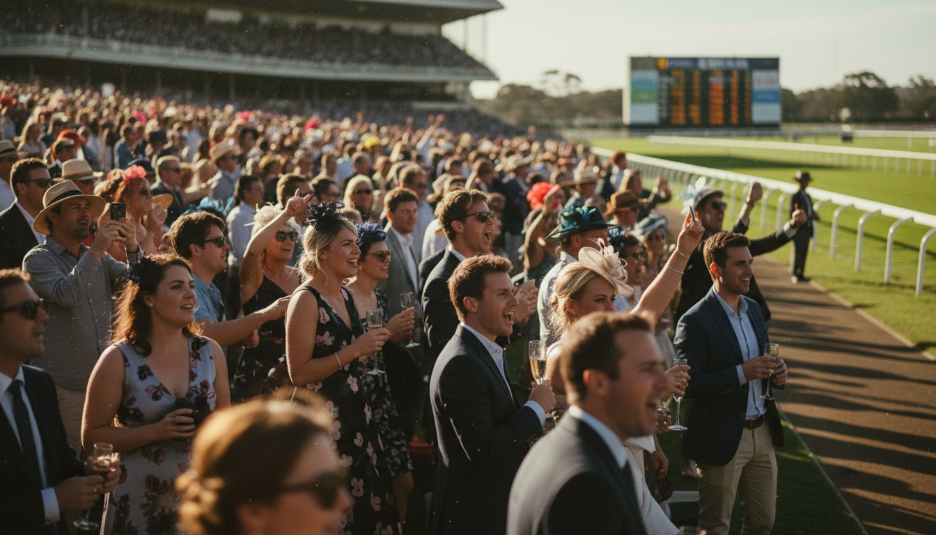 Crowd cheering trackside at a race meeting