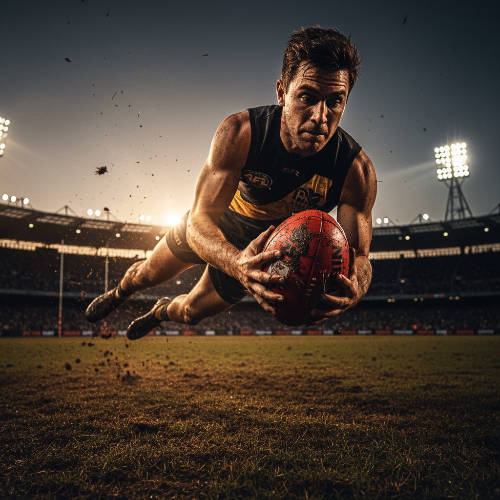 Player diving to take a mark during an AFL match