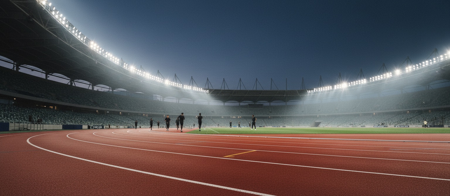 Floodlit stadium at dusk